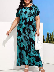 Women's Plus Floral Print Short Sleeve Maxi Dress