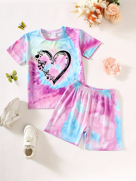 Girls Tie Dye Heart Pattern T Shirt Shorts Set