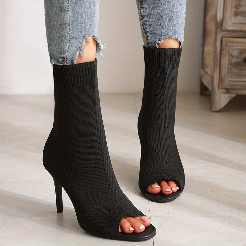 Women's Peep Toe Stretch Ankle Boots Slip On Stiletto Heels