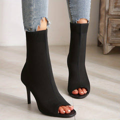 Women's Peep Toe Stretch Ankle Boots Slip On Stiletto Heels