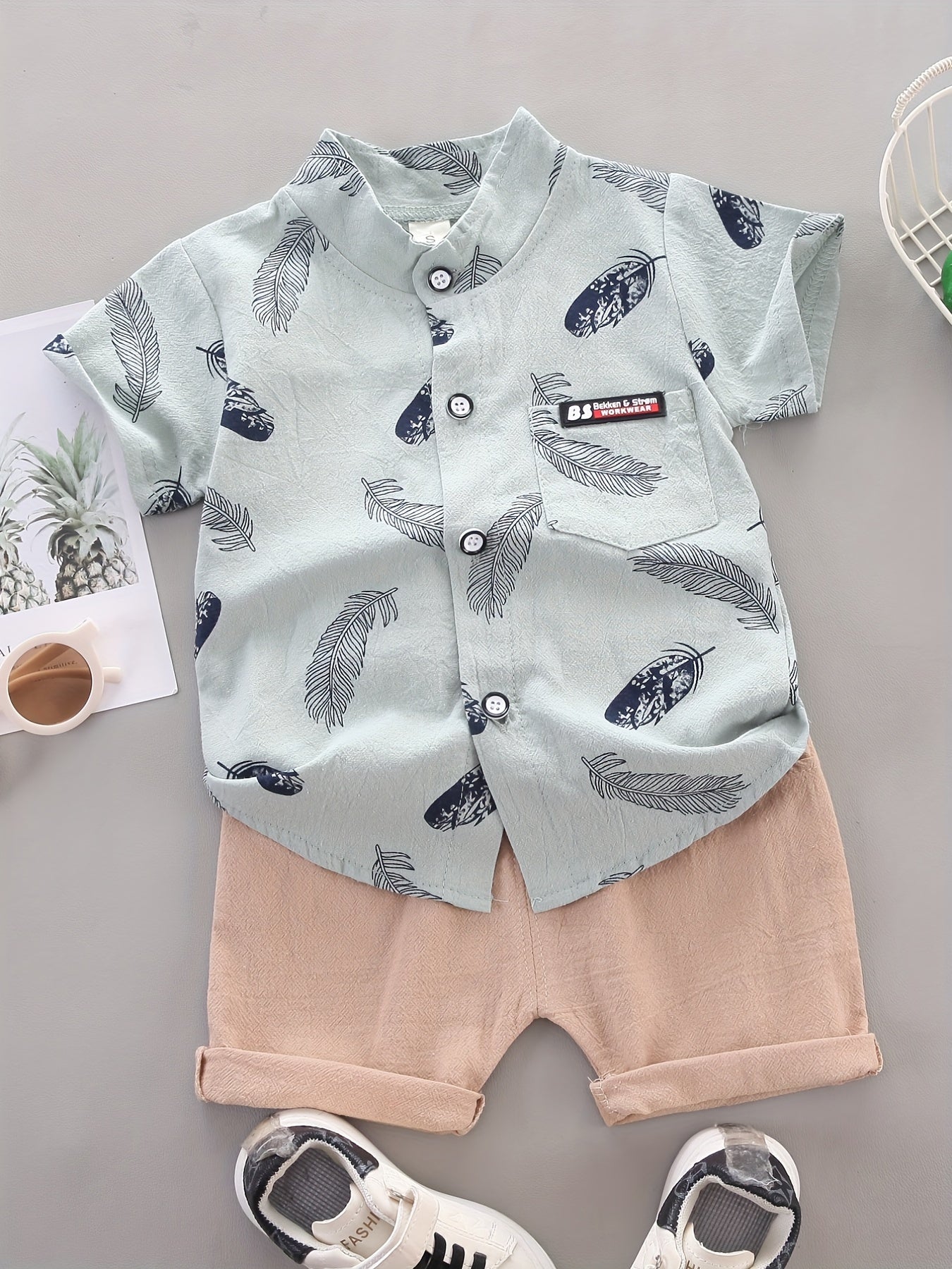 2pcs Baby Boys Feather Print Shirt & Shorts Set Cotton Casual Clothes
