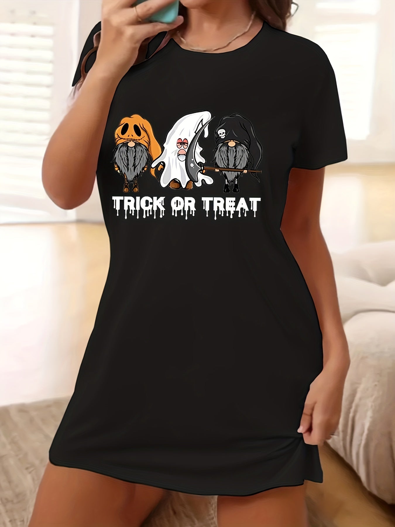  Halloween Dress Women's Plus Funny Dwarf & Slogan Print Tee Dress