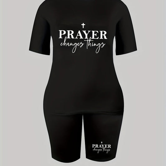  2 Piece Set Women's Cross & Slogan Print Top & Shorts