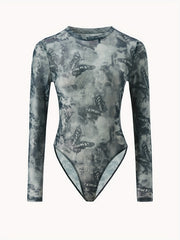 Dragon Print Sheer Bodysuit Long Sleeve Slim Fit Sexy Women's Clothing