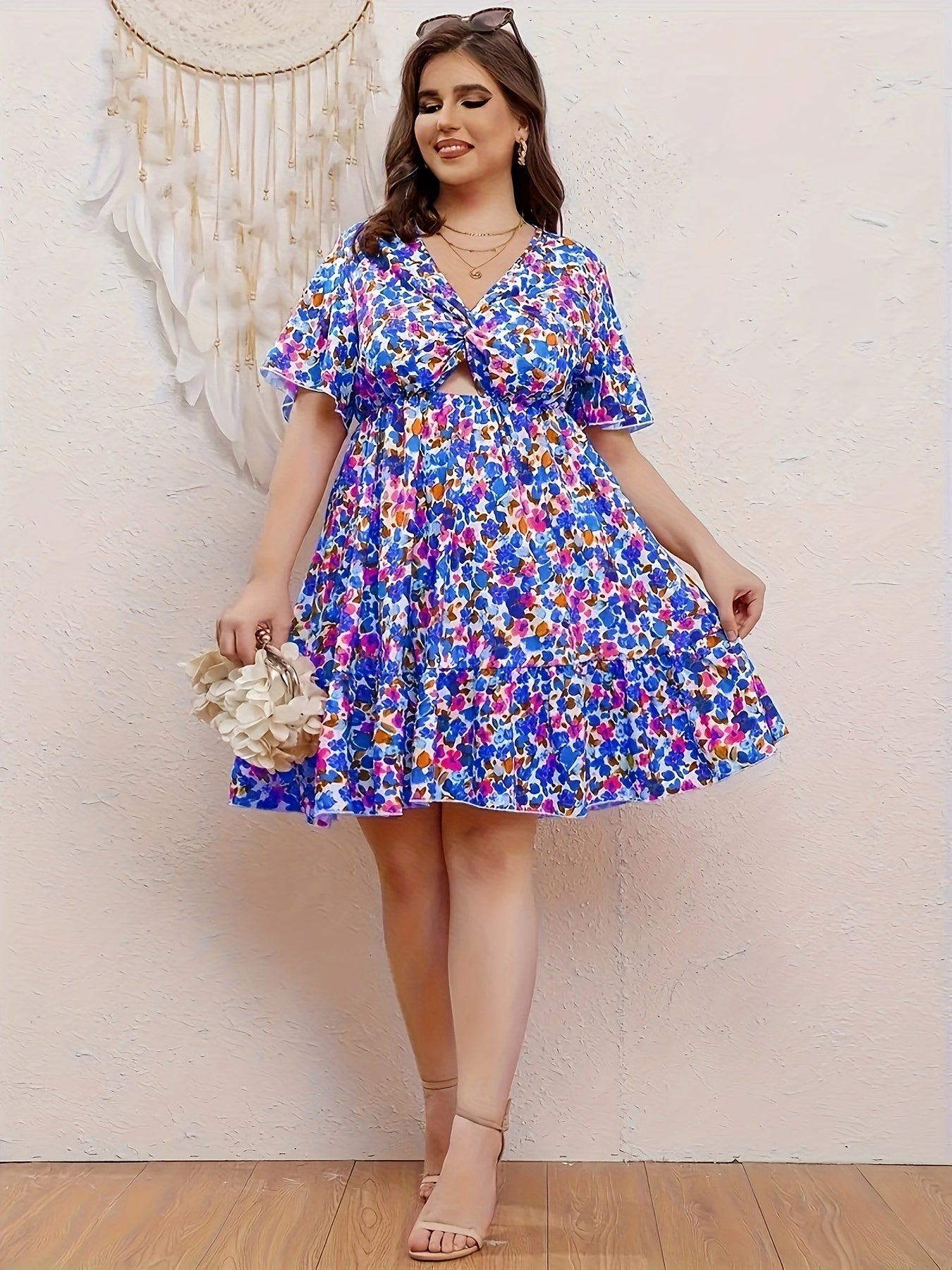  Ditsy Floral Print Butterfly Sleeve A Line Dress