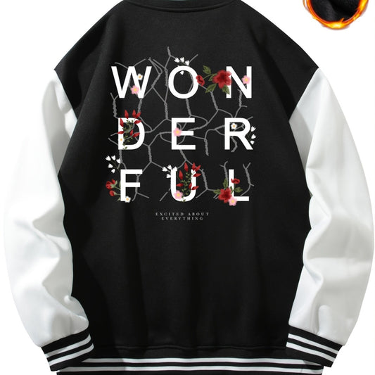 Men's Alphabet Print Fleece Baseball Jacket