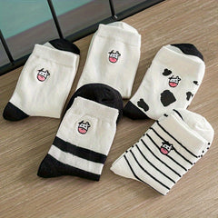 5 Pairs Cartoon Cow Print Socks Women's Comfy Mid Tube Stockings