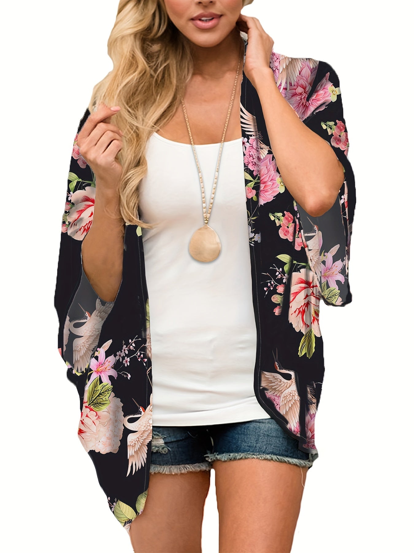 Floral Print V Neck Half Sleeve Cover Up Kimono Beach Cover Up