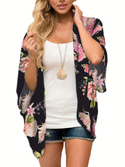 Floral Print V Neck Half Sleeve Cover Up Kimono Beach Cover Up