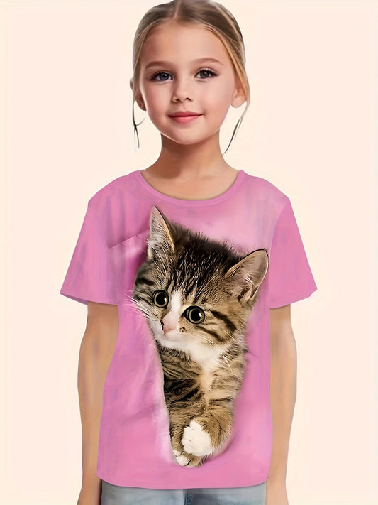 Cat Print Short Sleeve T Shirt Girls