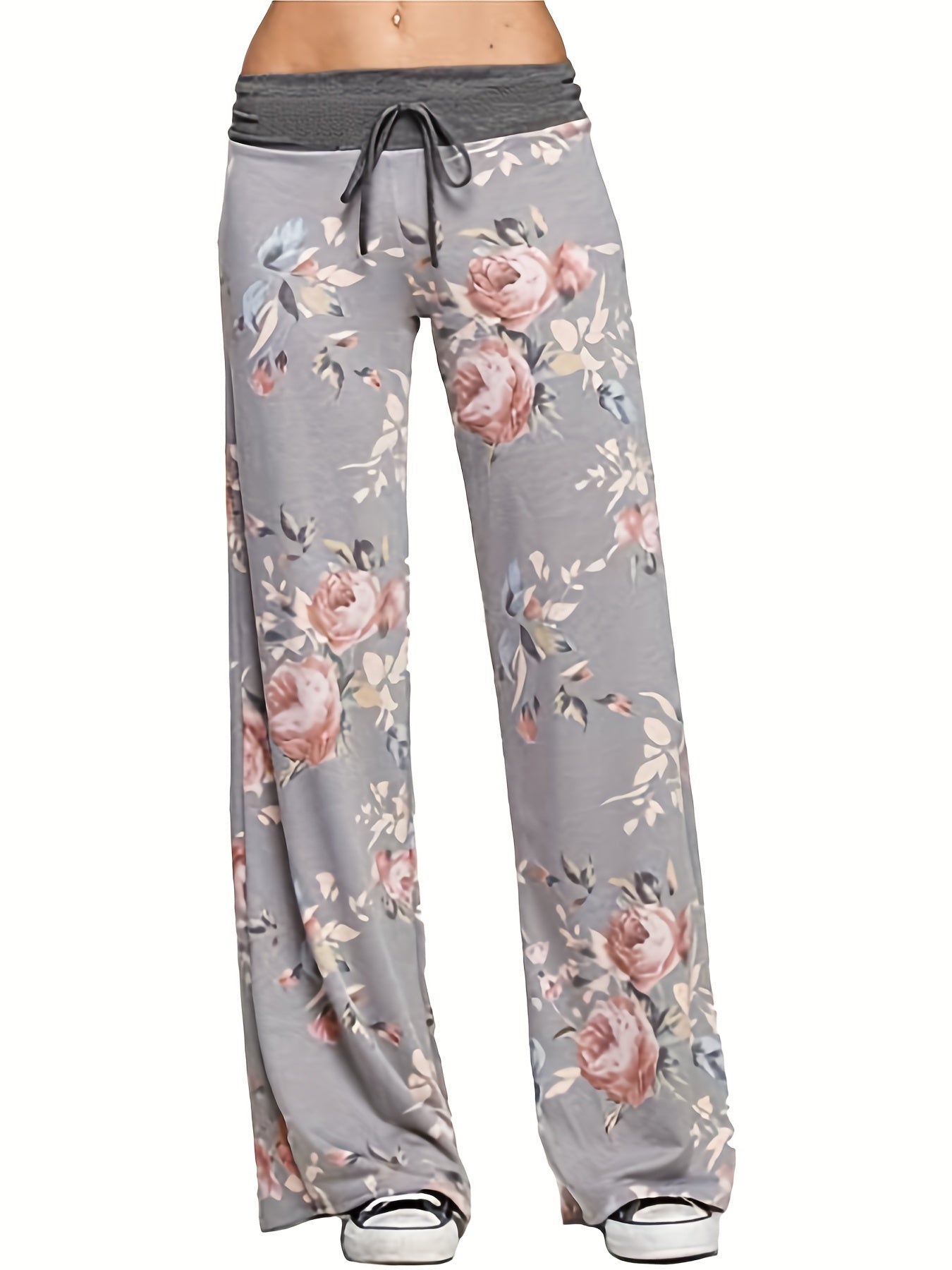  Floral Print High Rise Drawstring Loose Fit Pants