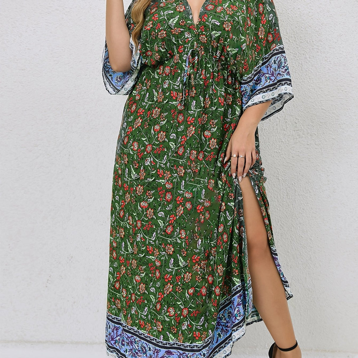  Boho Dress Floral Print V Neck Knot