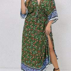  Boho Dress Floral Print V Neck Knot
