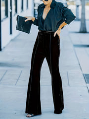  Solid Velvet High Rise Flared Leg Trousers
