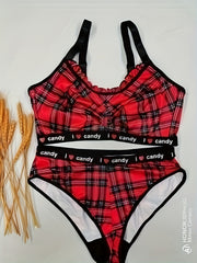  Sexy Lingerie Set Plaid Print Ruched Bra & Panty Christmas Two Piece