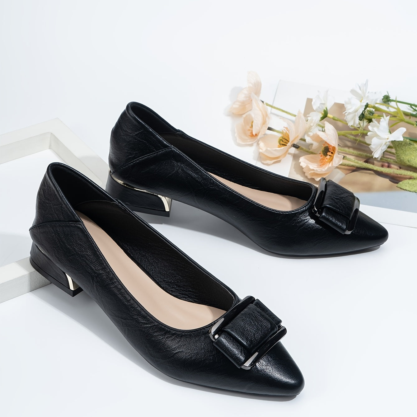 Metal Decor Chunky Low Heel Slip On Shoes Pointed Toe Lightweight Shoes