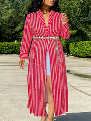  Stripe Print Long Sleeve Open Front Maxi Cardigan