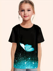 Girls Butterfly Print Short Sleeve T shirt Summer Tee Party Gift