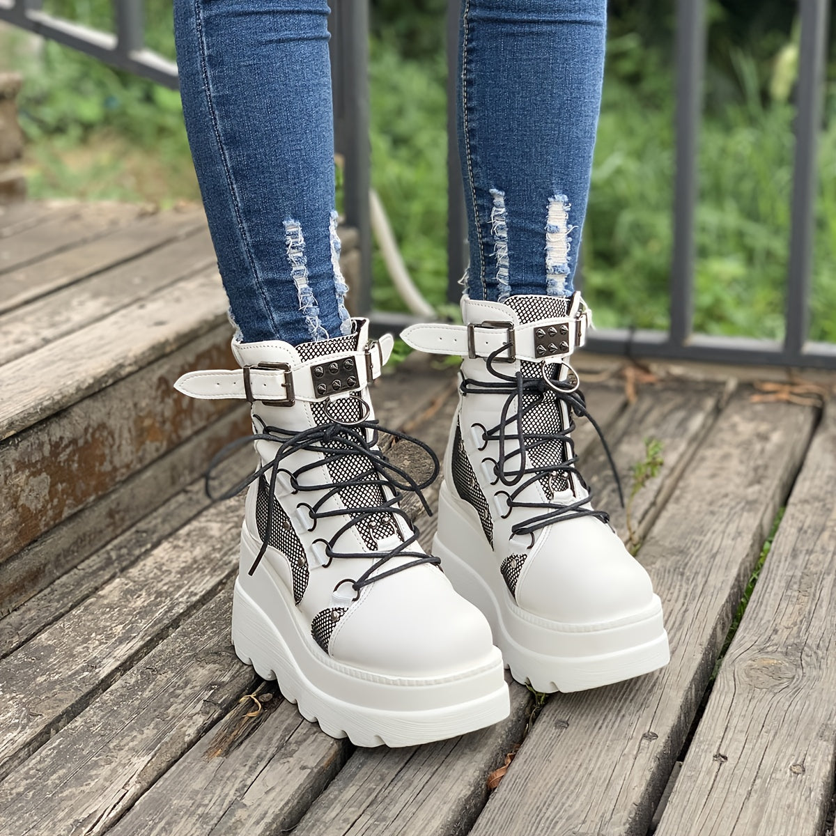 Punk Style Studded Lace Up Ankle Boots