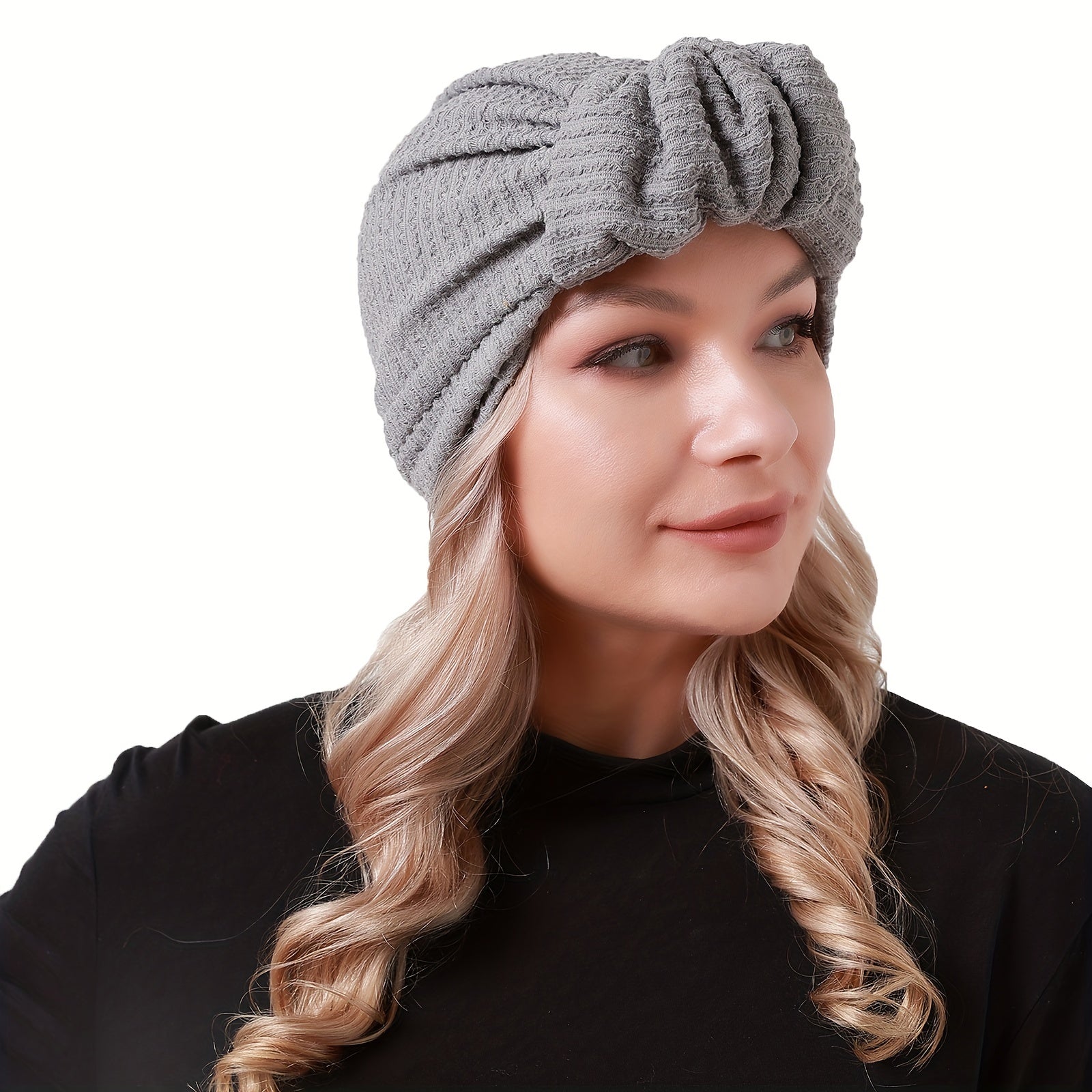 Pleated Pre-tied Turban Cap Embossed Head Wrap Solid Elastic Beanie Head Scarf
