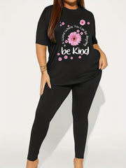  2 Piece Set Women's Floral & Slogan Print Tee & Leggings Outfits