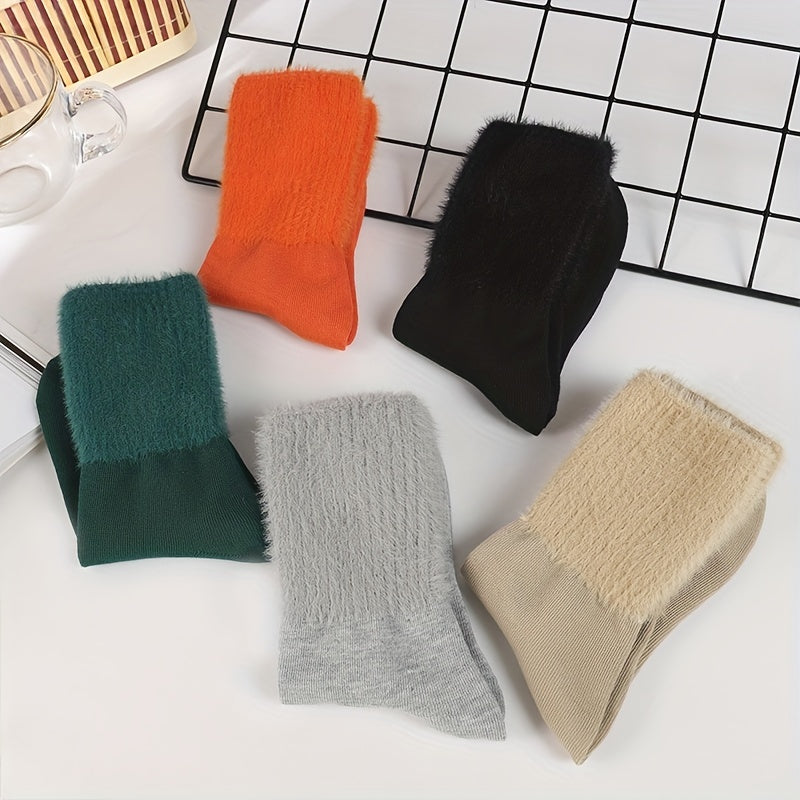 5 Pairs Fuzzy Solid Socks Warm Mid Tube Women's Stockings