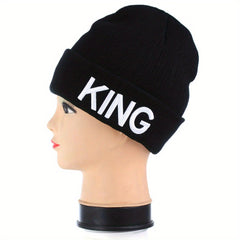 KING QUEEN Embroidery Beanie Solid Couple Knit Hat Elastic Skull Cap