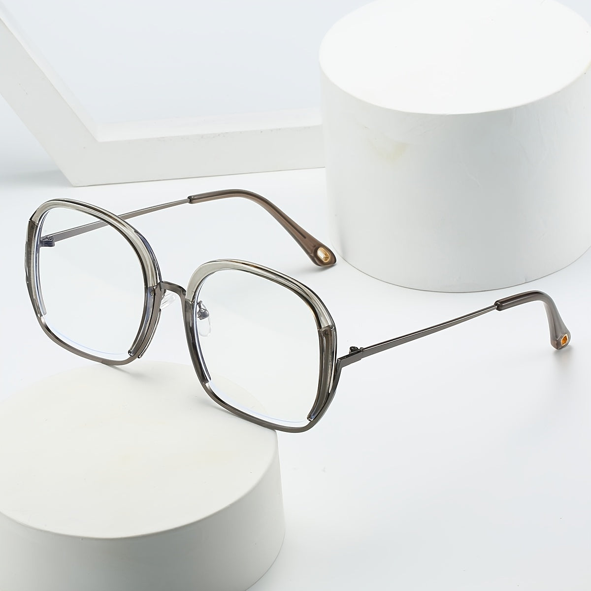 Square Block Semi Rimless Frame Clear Lens Metal Temple Light Blocking Glasses