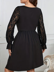  Casual Dress Women's Solid Lace Lantern Sleeve Round Neck Dress