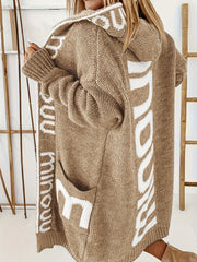  Letter Print Open Front Hooded Cardigan