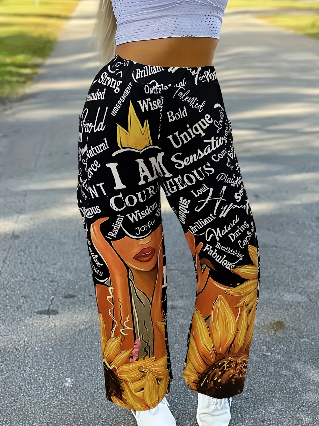  Women's Sunflower & Cartoon Print High Rise Pants