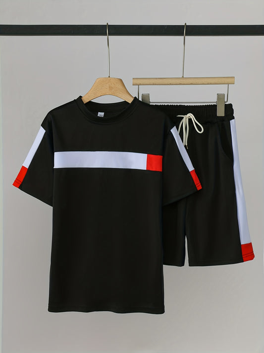 Boys 2pcs T shirt & Shorts Set Clash Print Crew Neck Tee Casual Kids Summer