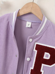 Girls Letter Patched Striped Baseball Jacket