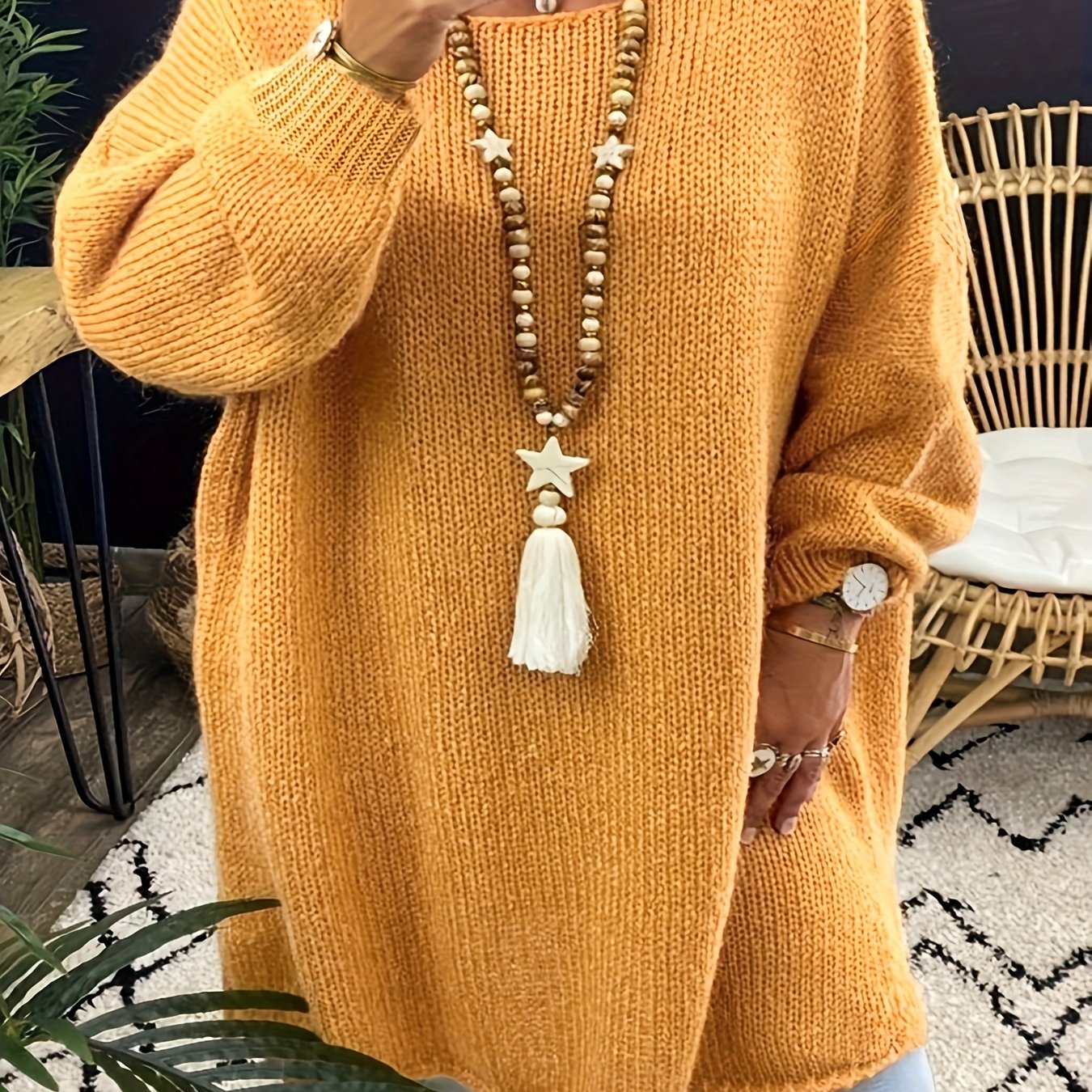  Solid Long Sleeve Crew Neck Sweater