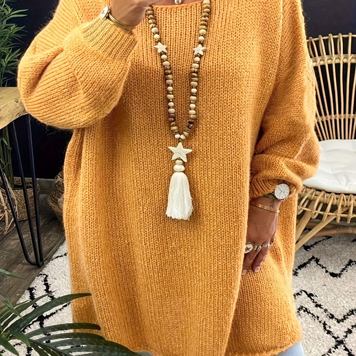  Solid Long Sleeve Crew Neck Sweater