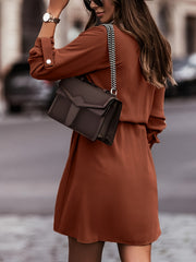  Solid Button Up Long Sleeve Drawstring Shirt Dress