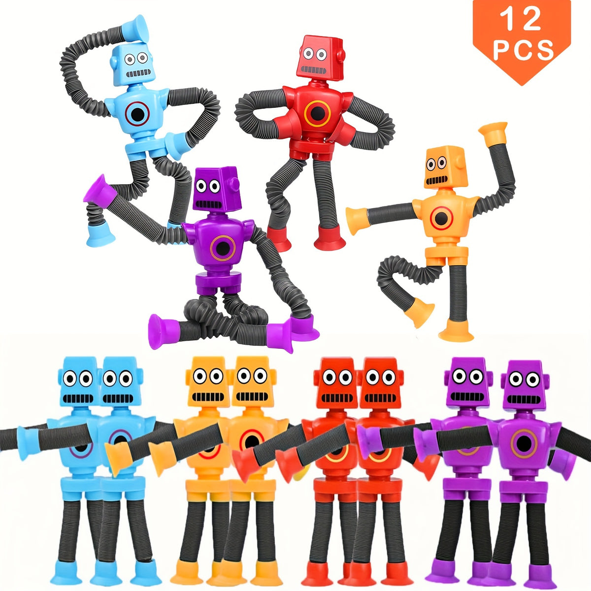 12pcs Stretchy Tube Robot Toys Transformable Robots with Suction Cups for Party