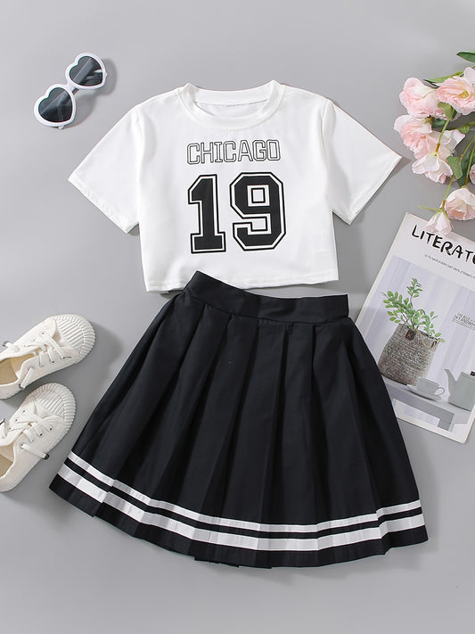 2pcs Girls Number Print T Shirt Crop Top & Skirt Set Kids Clothes