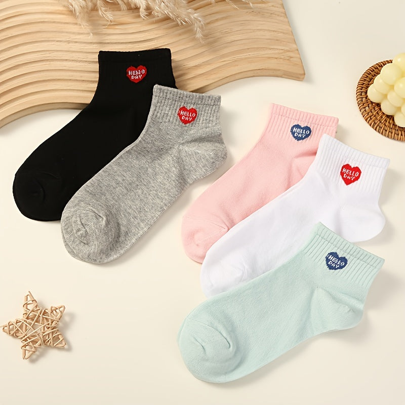 5 Pairs Heart Print Socks Women's Short Stockings