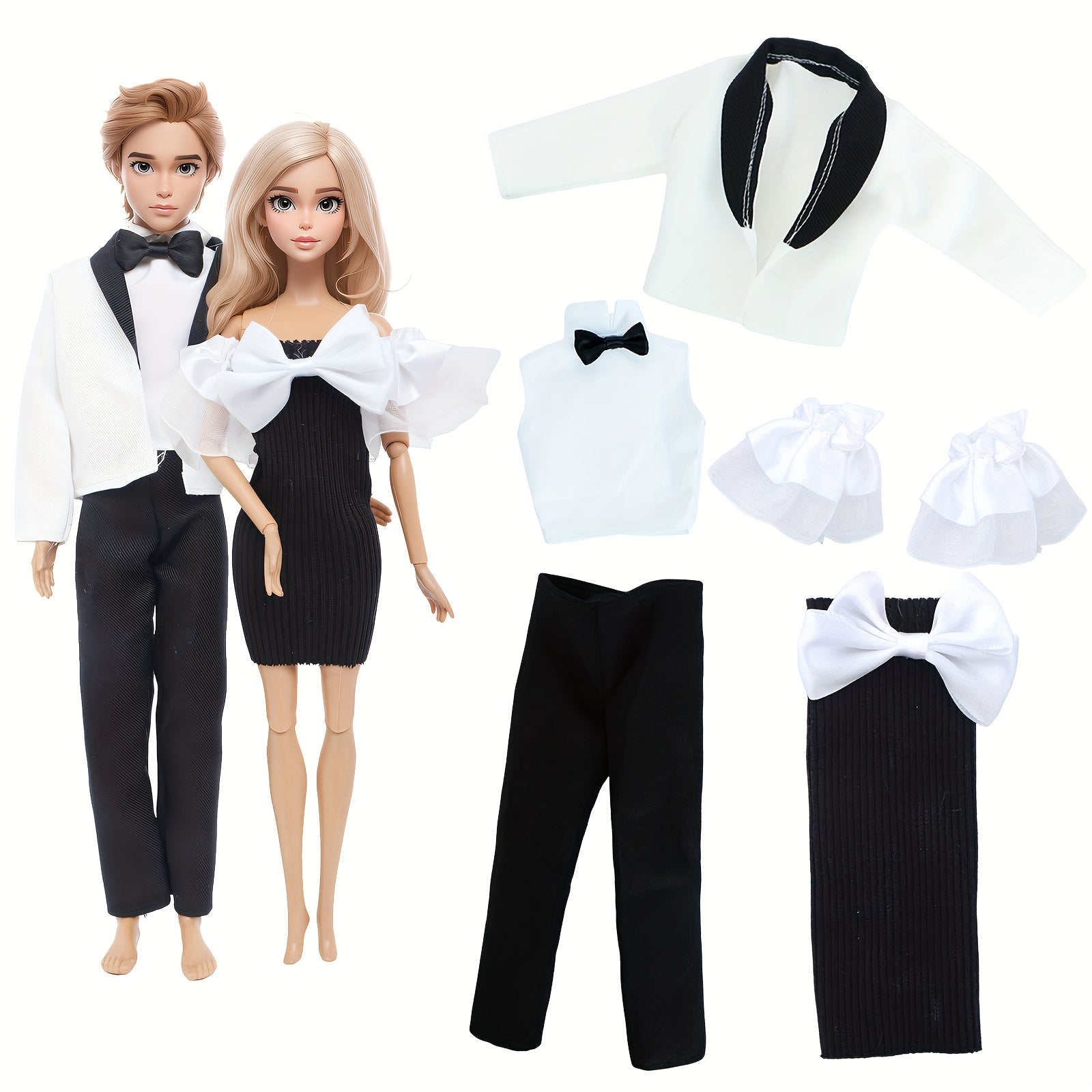 Doll Wedding Couple Outfit Set Dress & Tuxedo Polyester Dollhouse Accessories