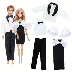 Doll Wedding Couple Outfit Set Dress & Tuxedo Polyester Dollhouse Accessories