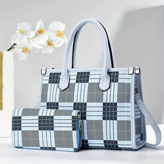 2pcs Plaid Briefcase Set Large Capacity Handbag With Clutch Bag