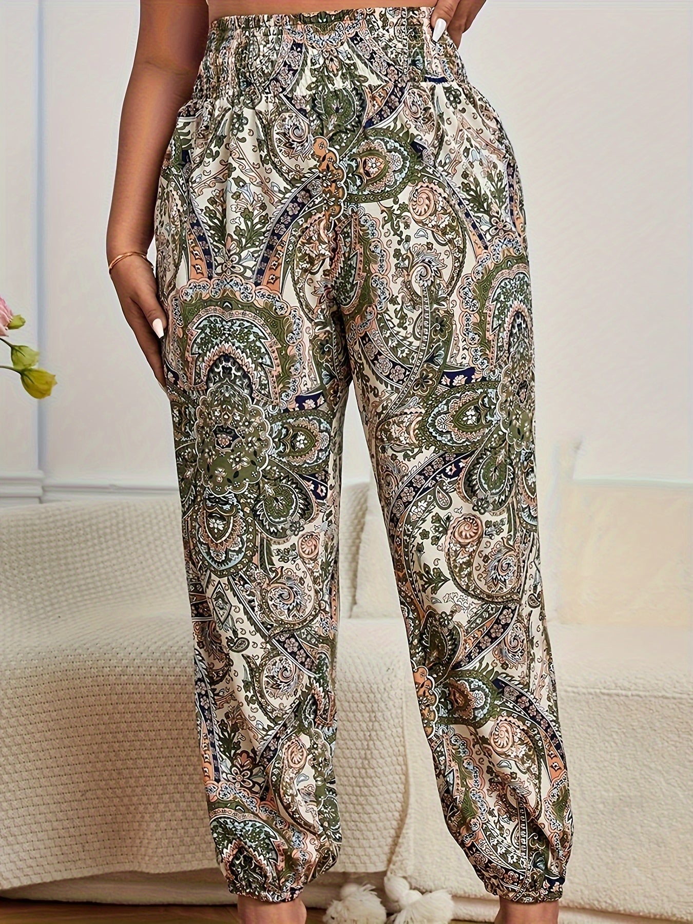  Paisley Floral Print High Rise Jogger Pants