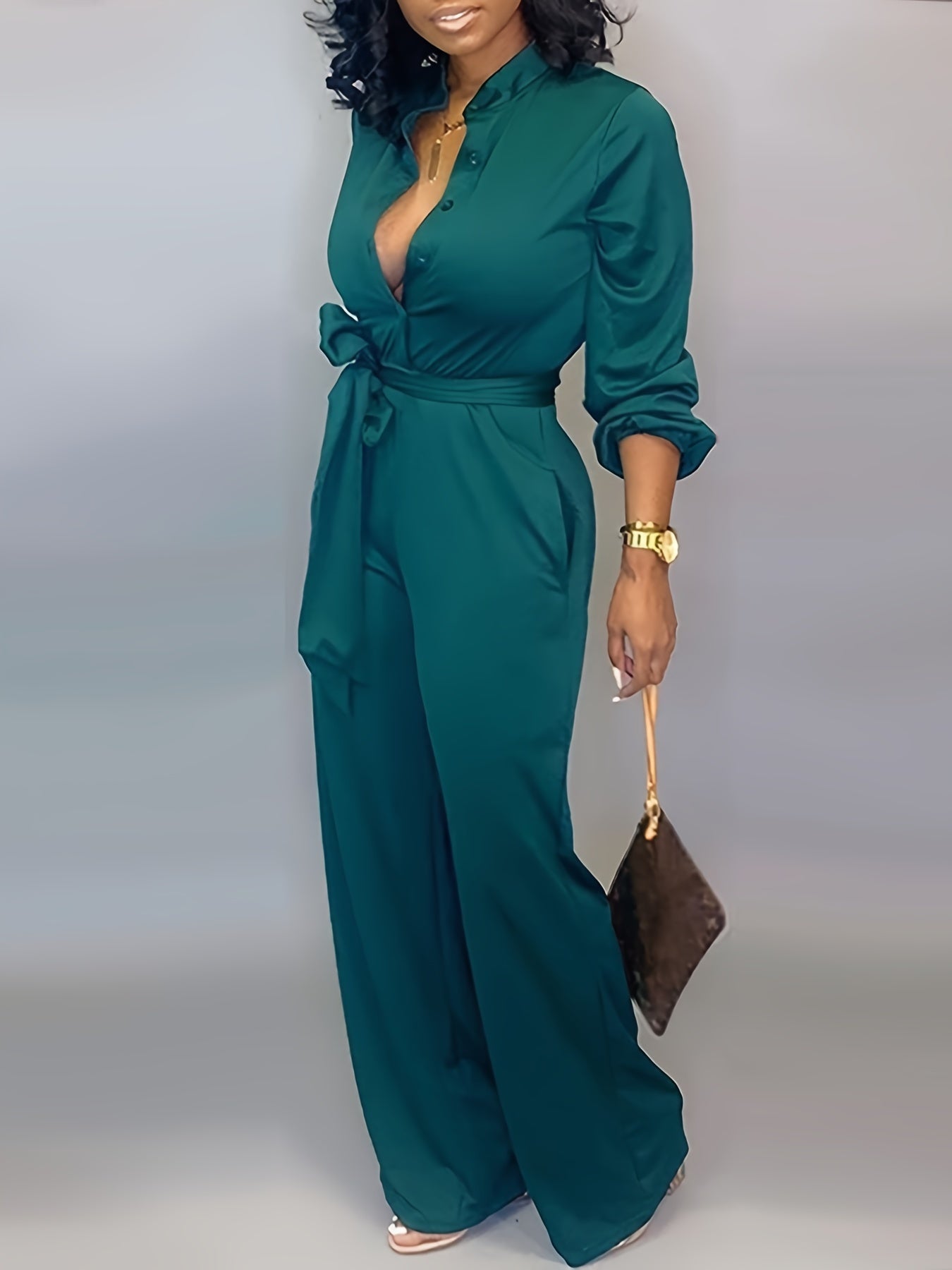 Solid Button Belted Jumpsuit Casual Long Sleeve Jumpsuit