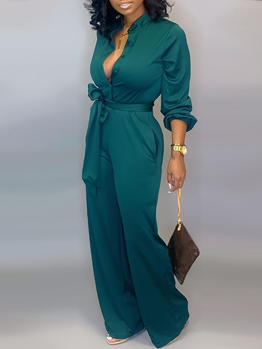 Solid Button Belted Jumpsuit Casual Long Sleeve Jumpsuit