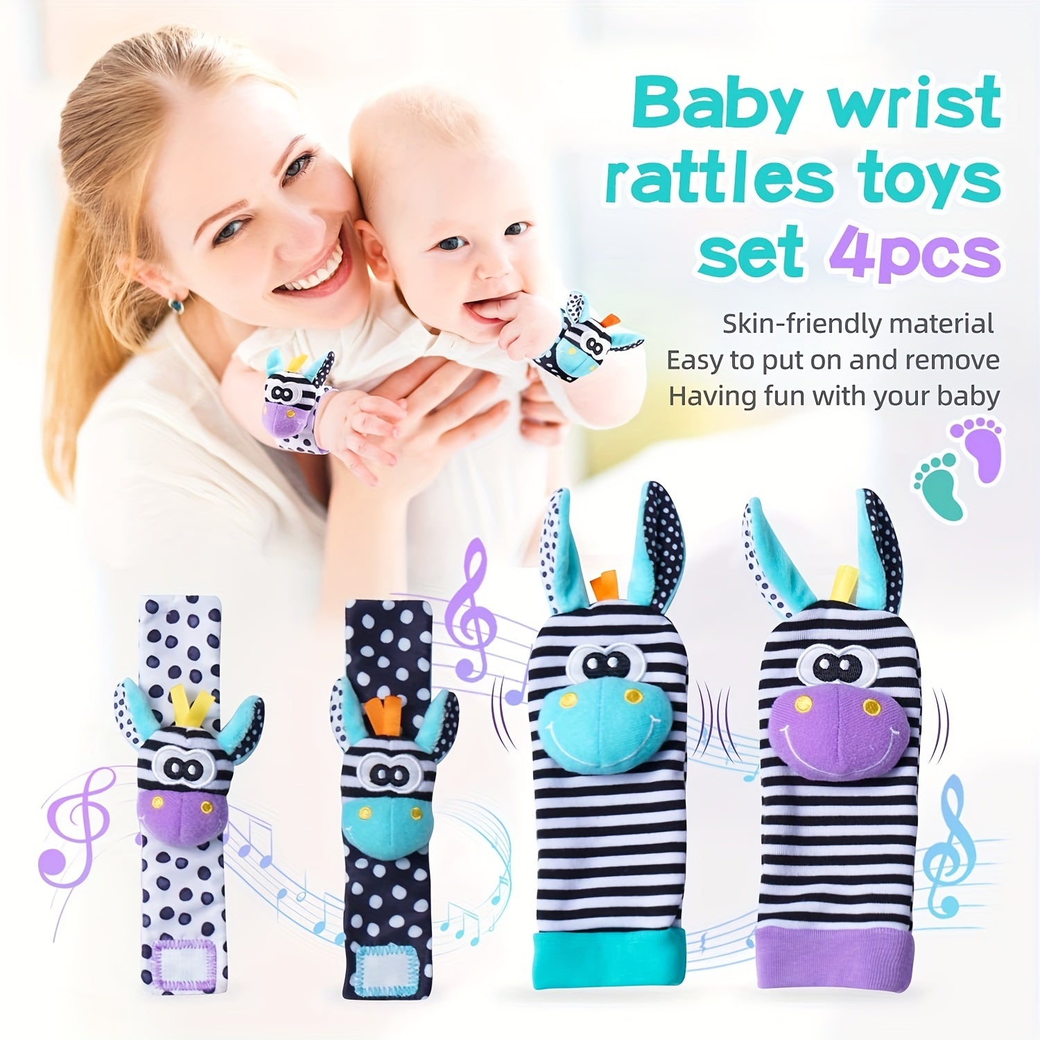 4pcs Baby Wrist Rattles Foot Finder Toys Set Toddler Rattles Sock Arm Hand Brace
