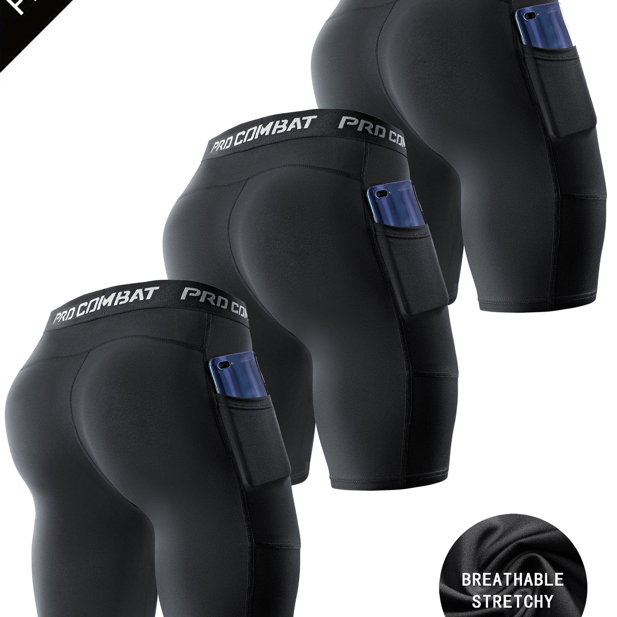 3 Pcs Men's Compression Boxers with Pockets Quick Drying for Fitness