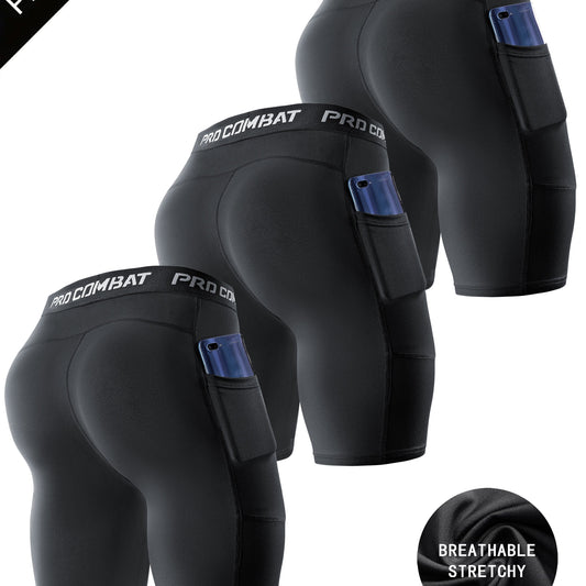 3 Pcs Men's Compression Boxers with Pockets Quick Drying for Fitness