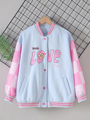 Girls' Cartoon Graphic Varsity Jackets Snap Button Down Long Sleeve
