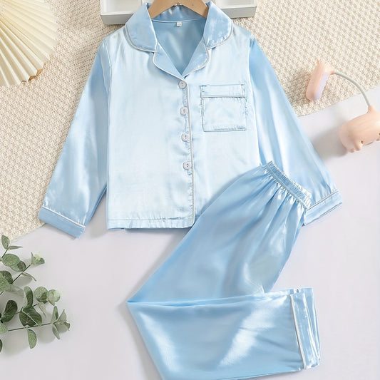 2pcs Girls Pale Pinkish Gray Pajamas Set Long Sleeve Tops & Pants